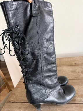 Gentle Souls “Oh Shucks” Black Leather Lace-Up Knee-High Women's Boots
